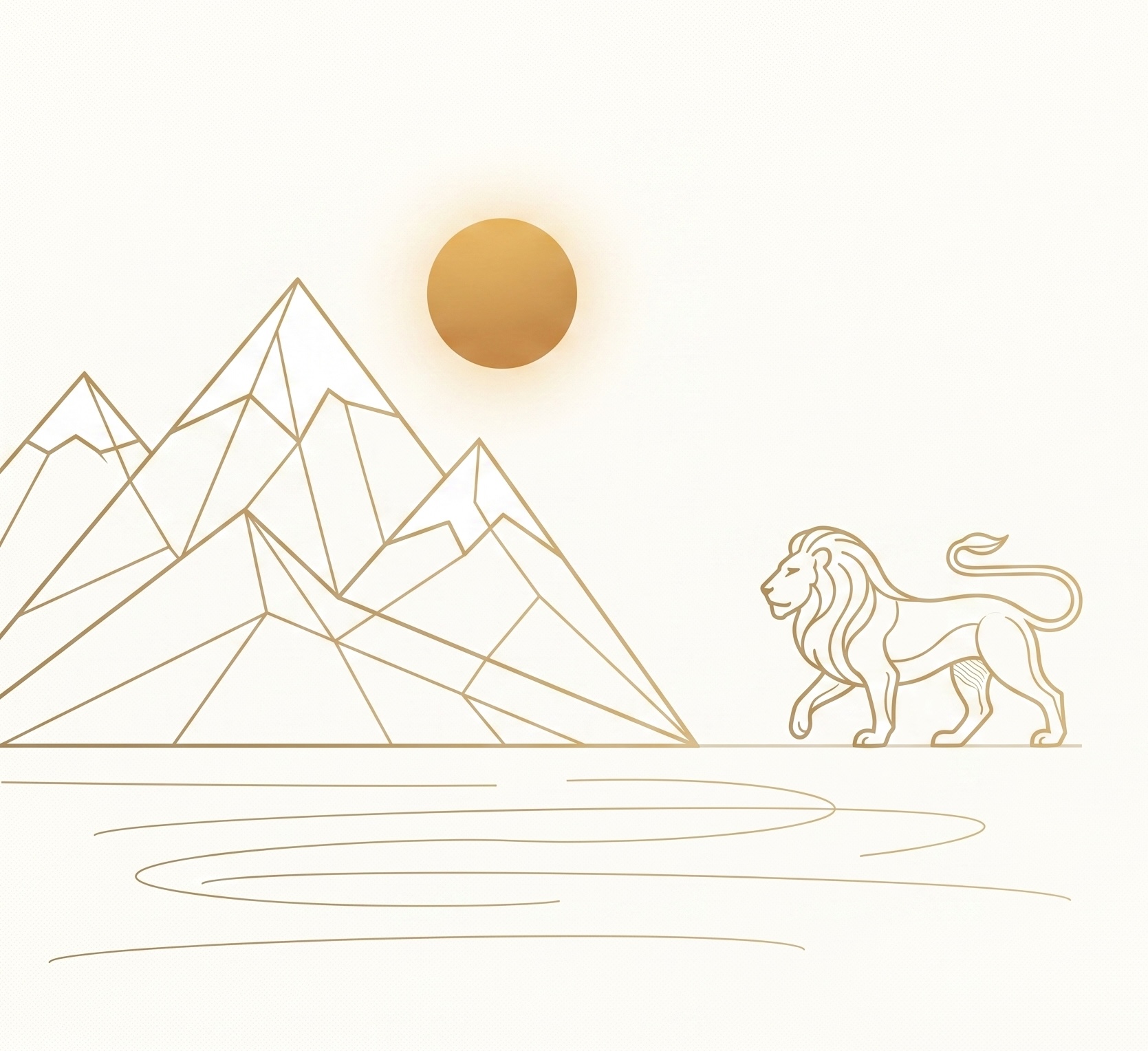 A gold line-art lion walking toward the Swiss Alps beneath a warm sun